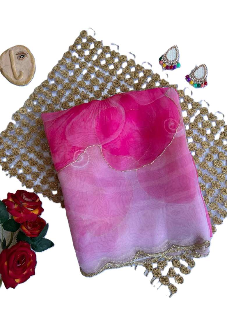 Pink Embroidered Organza Saree Set - Indya