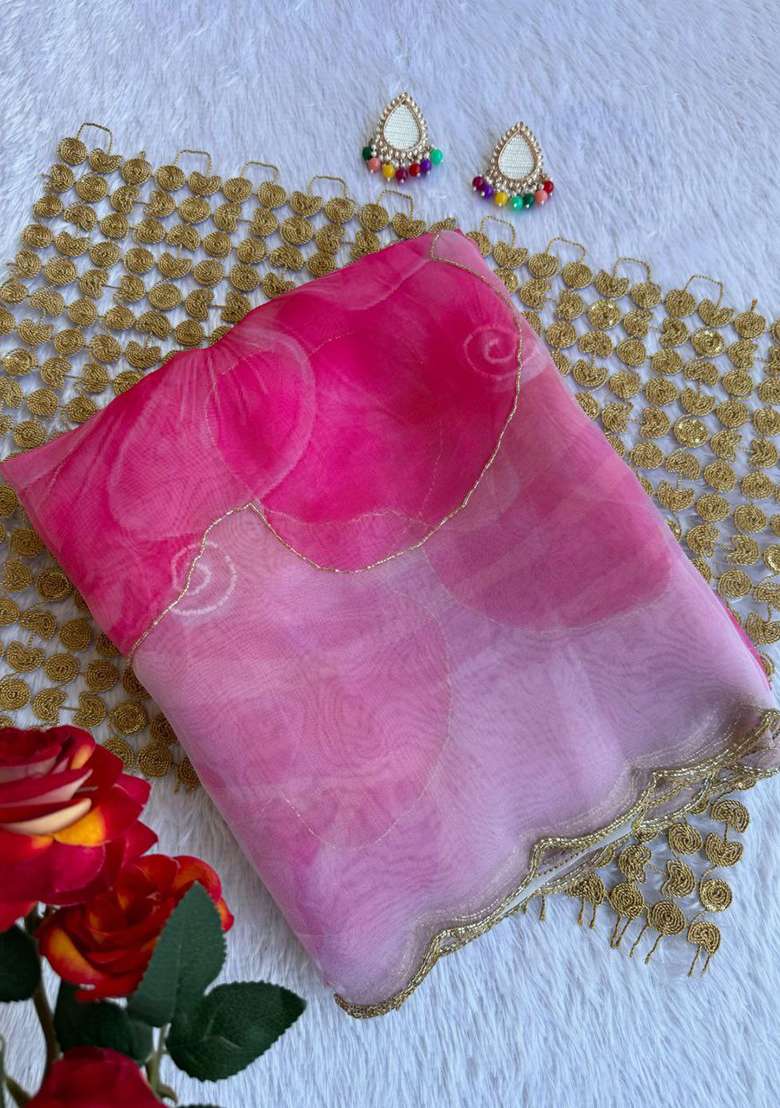 Pink Embroidered Organza Saree Set - Indya