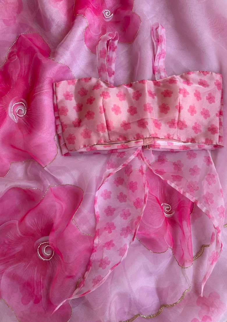Pink Embroidered Organza Saree Set - Indya