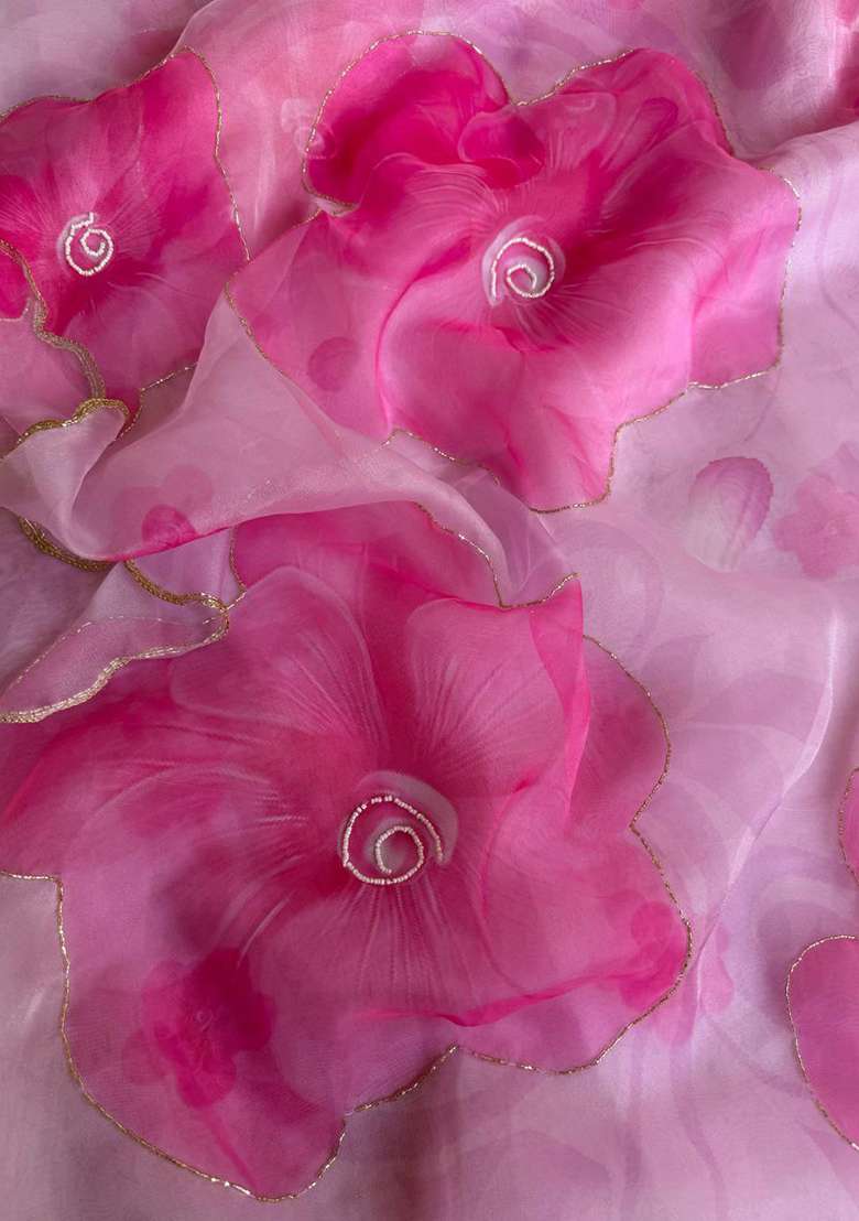 Pink Embroidered Organza Saree Set - Indya