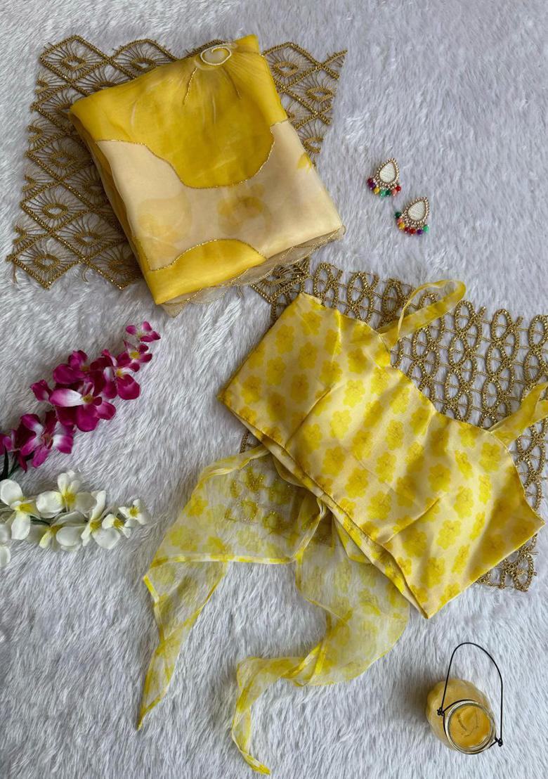 Yellow Embroidered Organza Saree Set