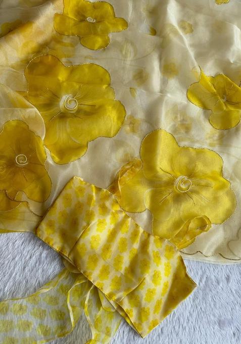 Yellow Embroidered Organza Saree Set