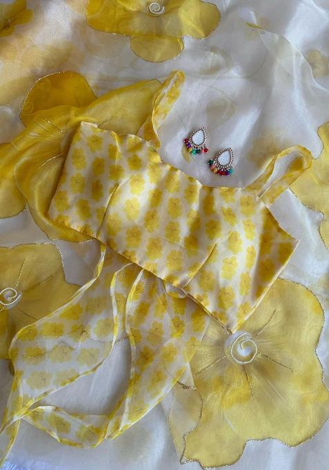 Yellow Embroidered Organza Saree Set