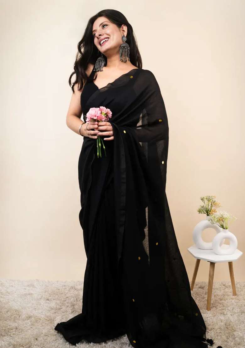 Black Cotton Saree Set with Embroidered for Diwali | Wedding & Festive Wear - Indya