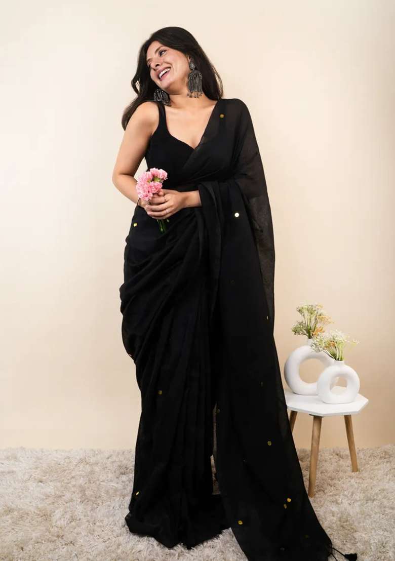 Black Cotton Saree Set with Embroidered for Diwali | Wedding & Festive Wear - Indya