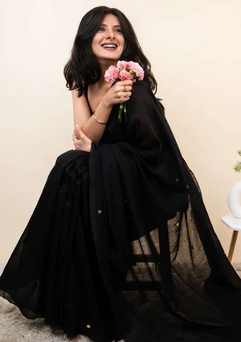 Black Cotton Saree Set with Embroidered for Diwali | Wedding & Festive Wear - Indya