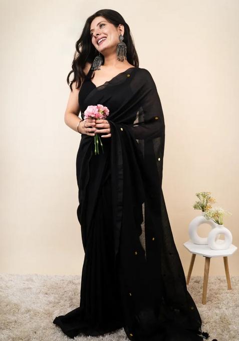 Black Embroidered Cotton Saree Set