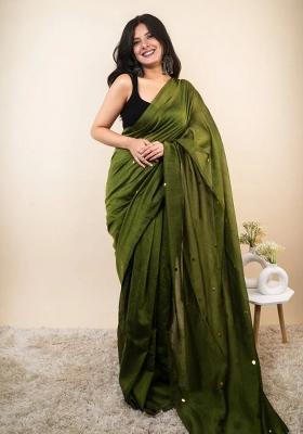Green Embroidered Cotton Saree Set