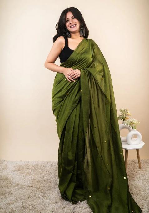 Green Embroidered Cotton Saree Set