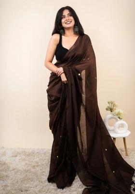 Brown Embroidered Cotton Saree Set