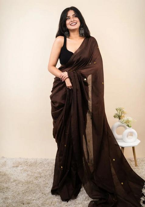Brown Embroidered Cotton Saree Set