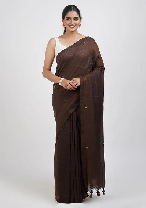 Chocolate Brown Embroidered Cotton Saree Set