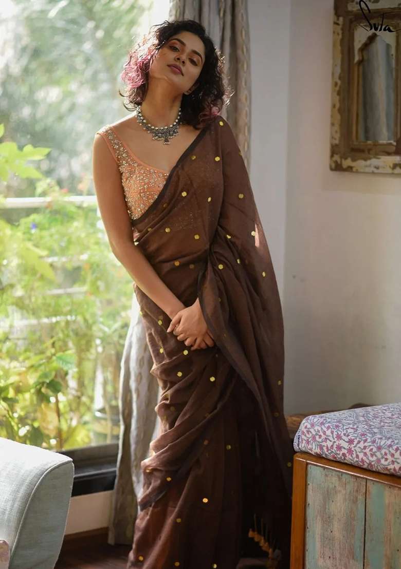 Coffee Brown Embroidered Cotton Saree Set for Diwali and Festive Wear - Indya
