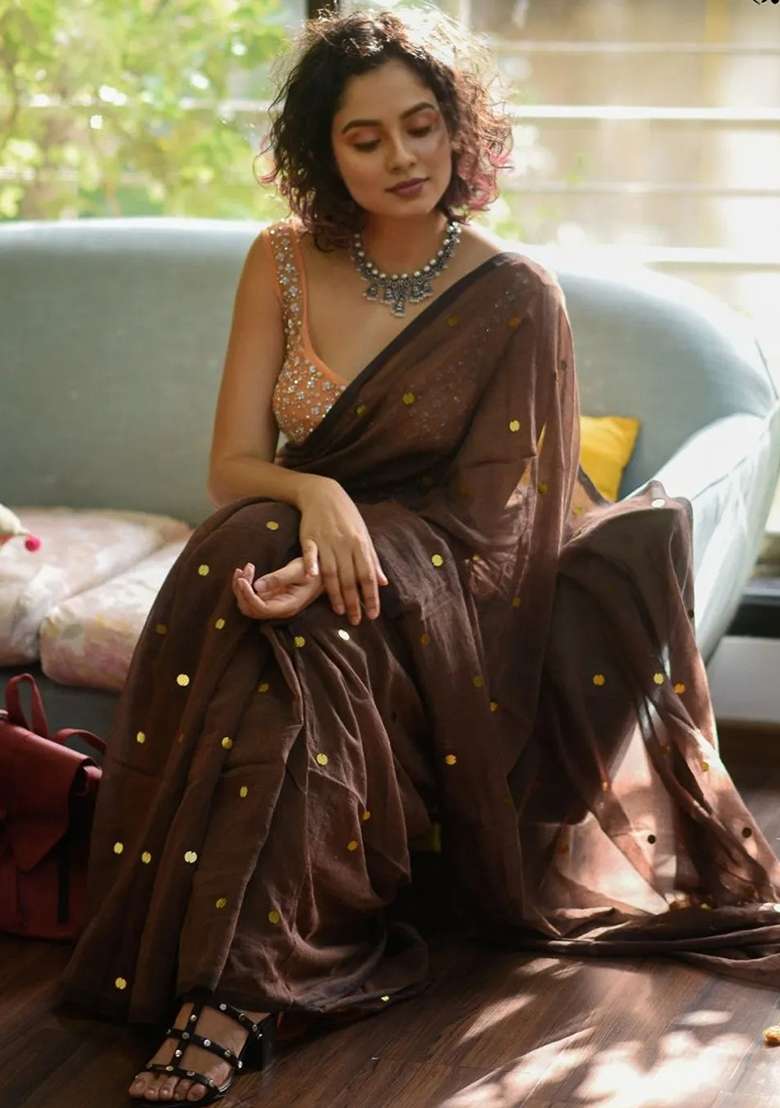 Coffee Brown Embroidered Cotton Saree Set for Diwali and Festive Wear - Indya