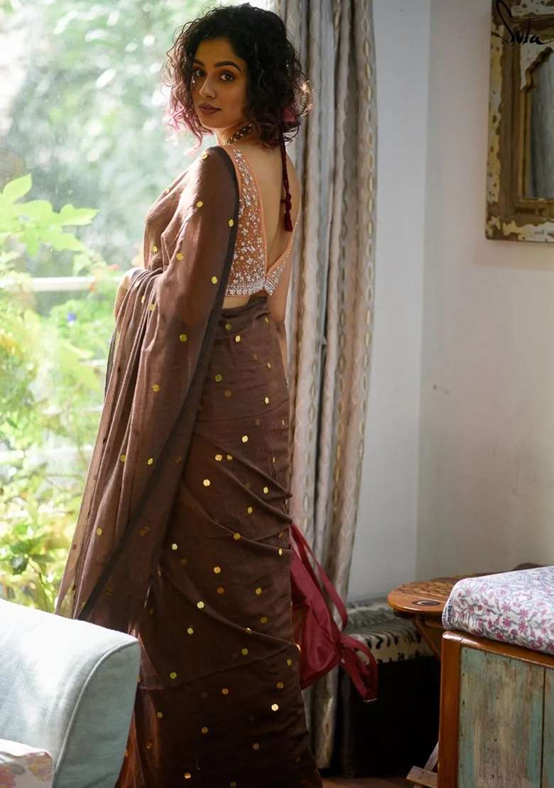 Coffee Brown Embroidered Cotton Saree Set for Diwali and Festive Wear - Indya