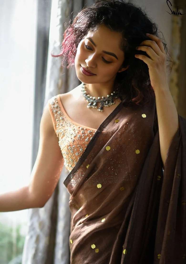 Coffee Brown Embroidered Cotton Saree Set for Diwali and Festive Wear - Indya