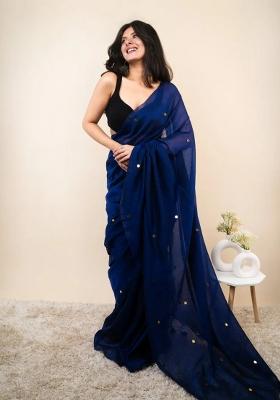 Royal Blue Embroidered Cotton Saree Set