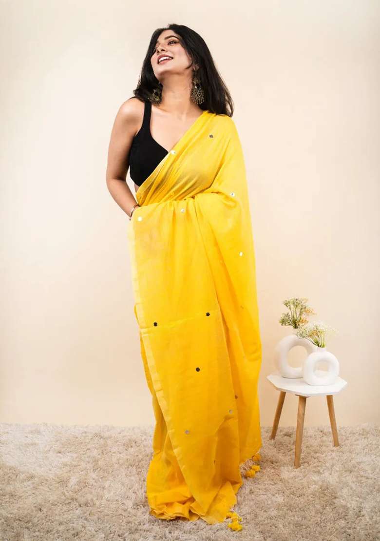Yellow Cotton Saree Set with Embroidered for Diwali | Wedding & Festive Wear - Indya
