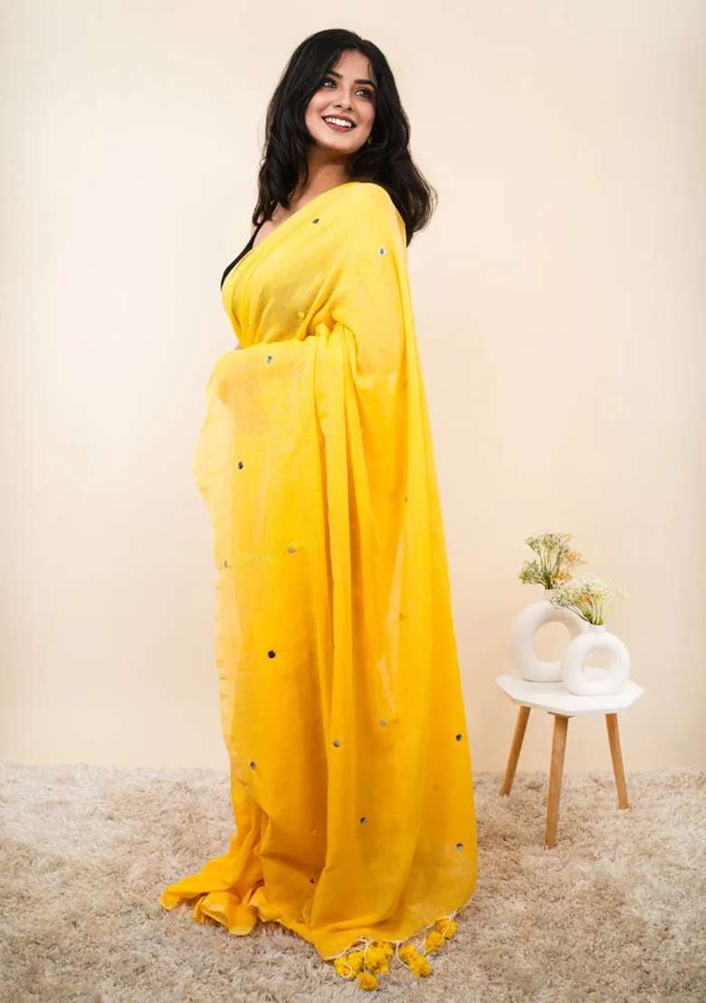 Yellow Cotton Saree Set with Embroidered for Diwali | Wedding & Festive Wear - Indya