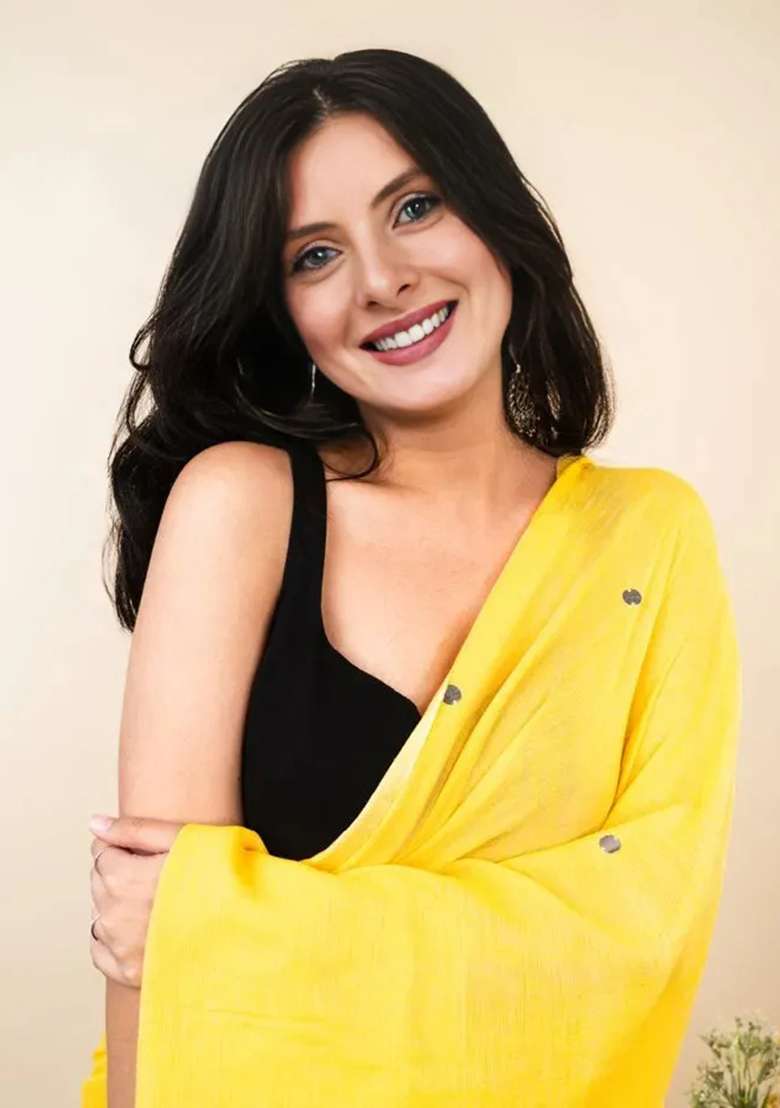 Yellow Cotton Saree Set with Embroidered for Diwali | Wedding & Festive Wear - Indya