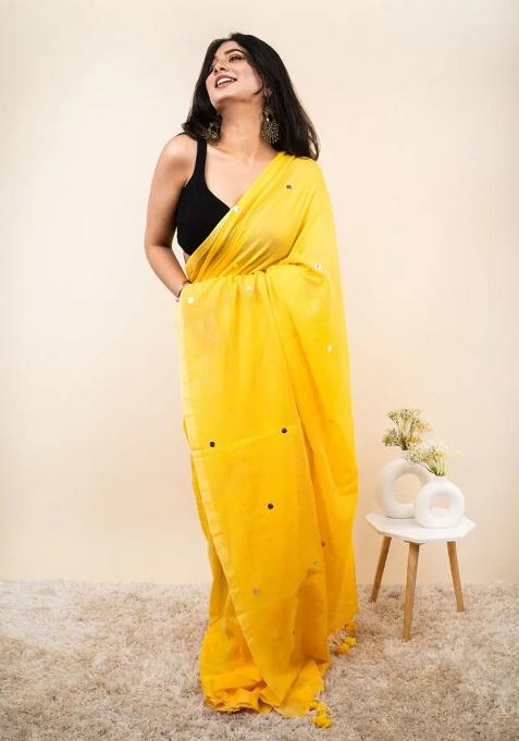 Yellow Embroidered Cotton Saree Set