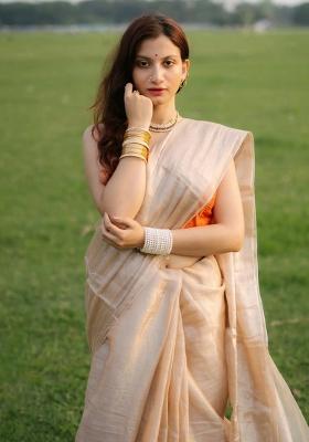 Cream Embroidered Tissue Saree Set