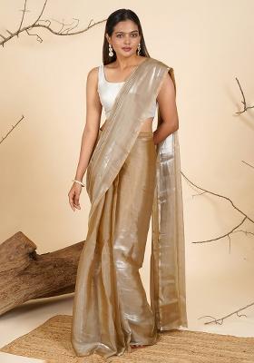 Beige Embroidered Tissue Saree Set