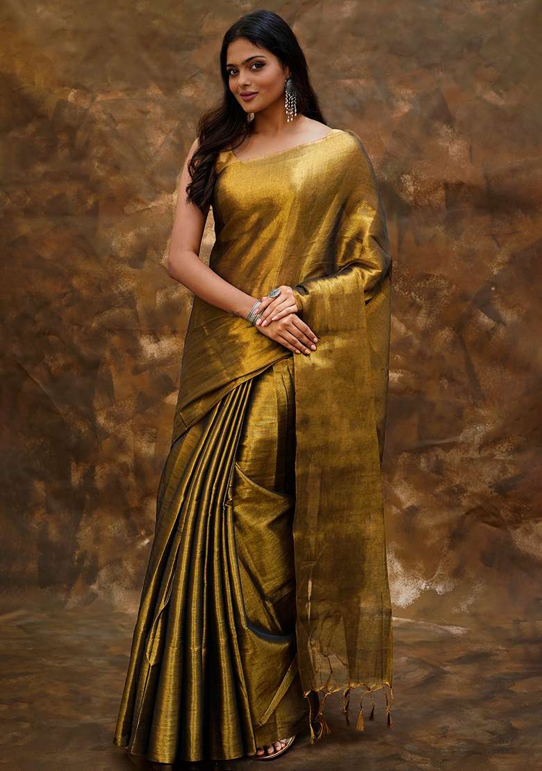 Golden Embroidered Tissue Saree Set - Indya