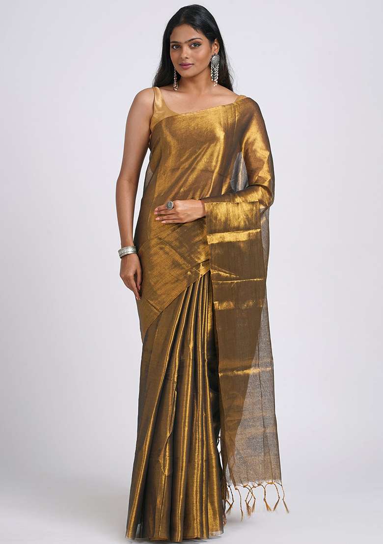 Golden Embroidered Tissue Saree Set - Indya