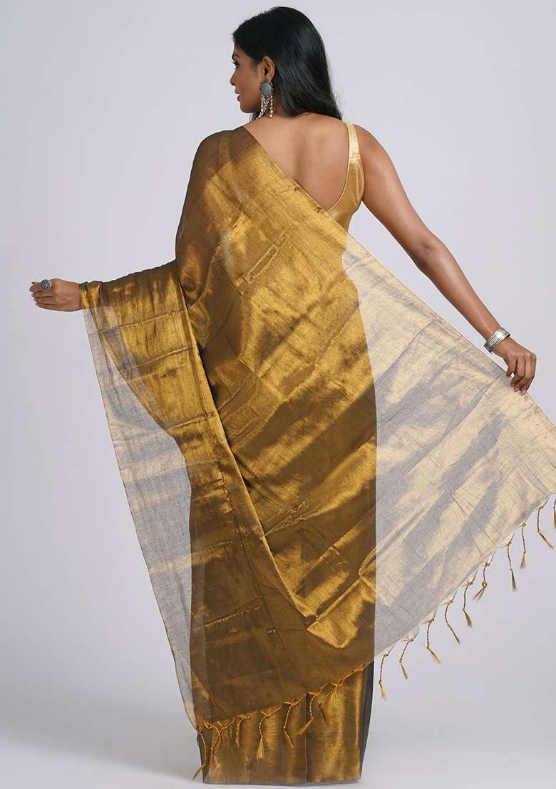 Golden Embroidered Tissue Saree Set - Indya