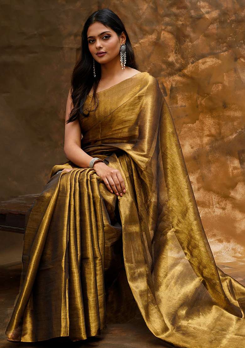 Golden Embroidered Tissue Saree Set - Indya