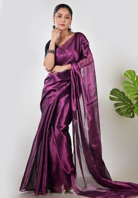 Purple Embroidered Tissue Saree Set