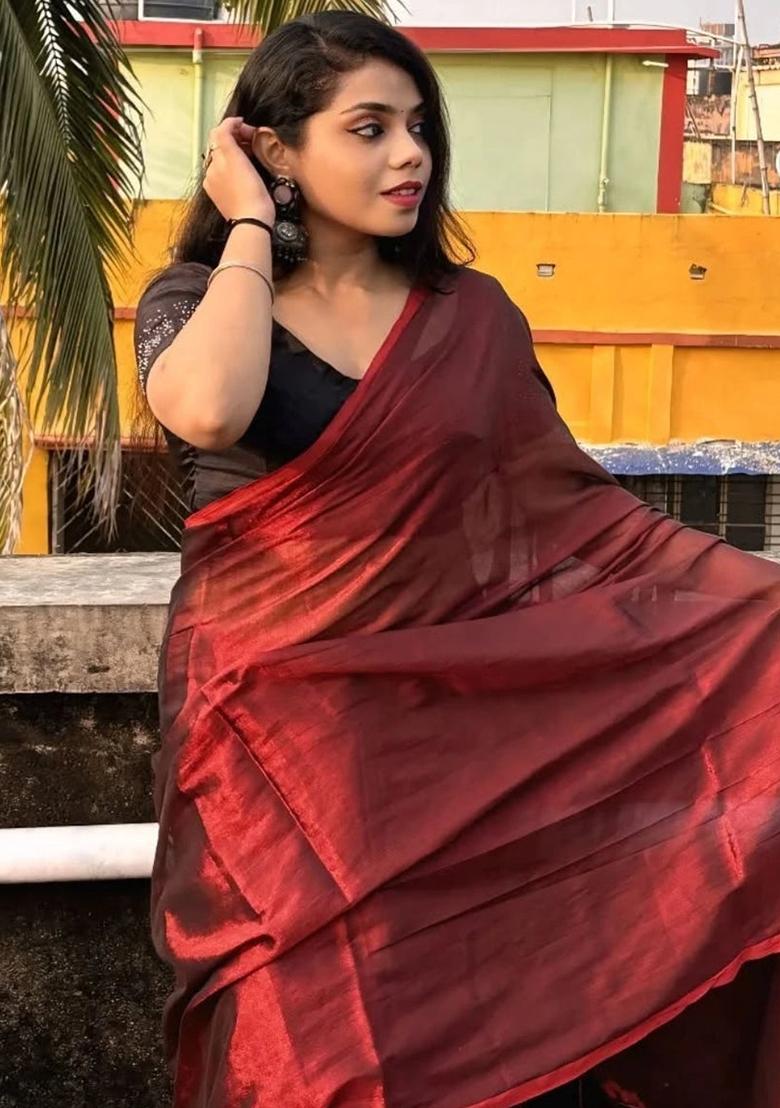 Red Embroidered Tissue Saree Set