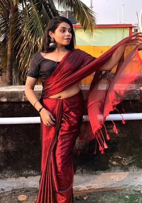 Red Embroidered Tissue Saree Set