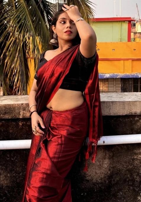 Red Embroidered Tissue Saree Set