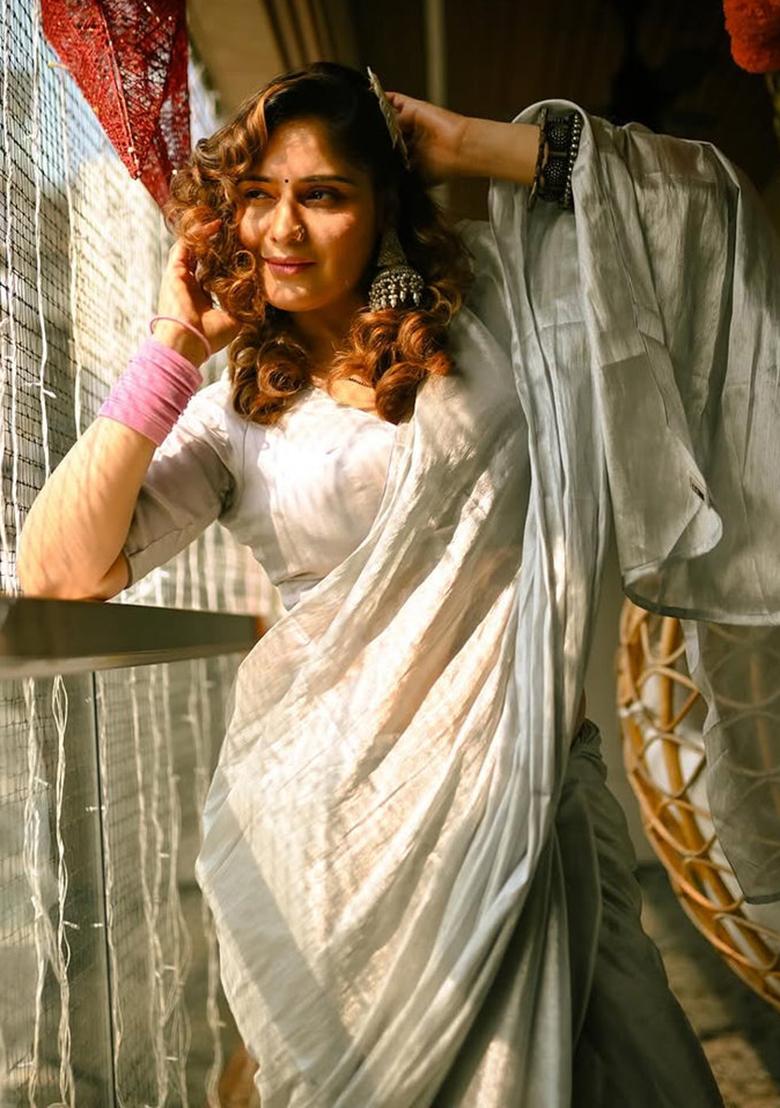 Silver Embroidered Tissue Saree Set