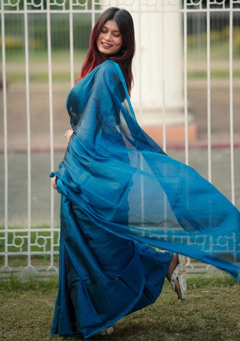 Teal Blue Embroidered Tissue Saree Set