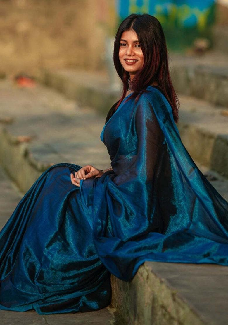 Teal Blue Embroidered Tissue Saree Set