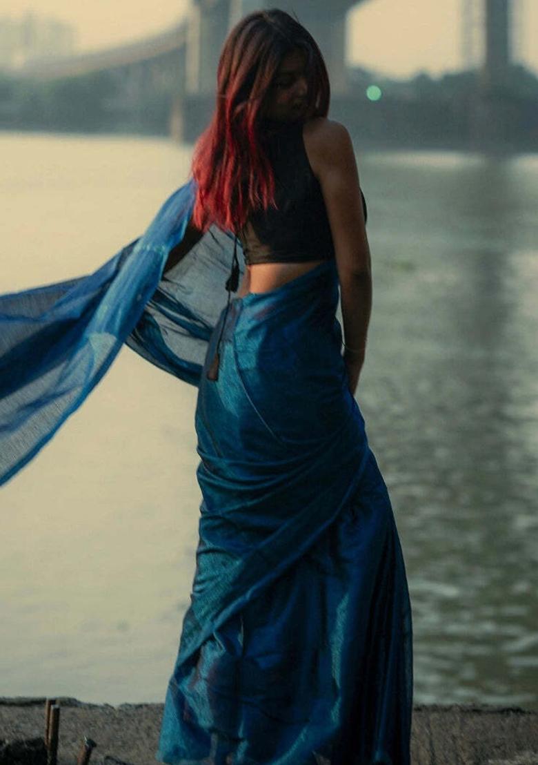 Teal Blue Embroidered Tissue Saree Set