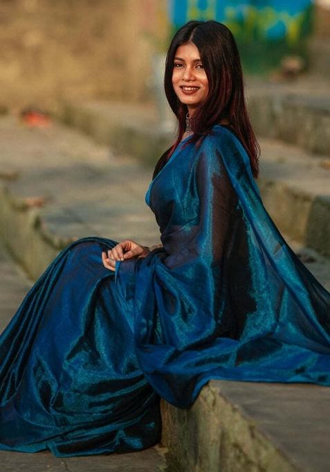 Teal Blue Embroidered Tissue Saree Set