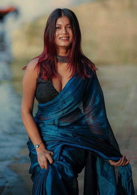 Teal Blue Embroidered Tissue Saree Set