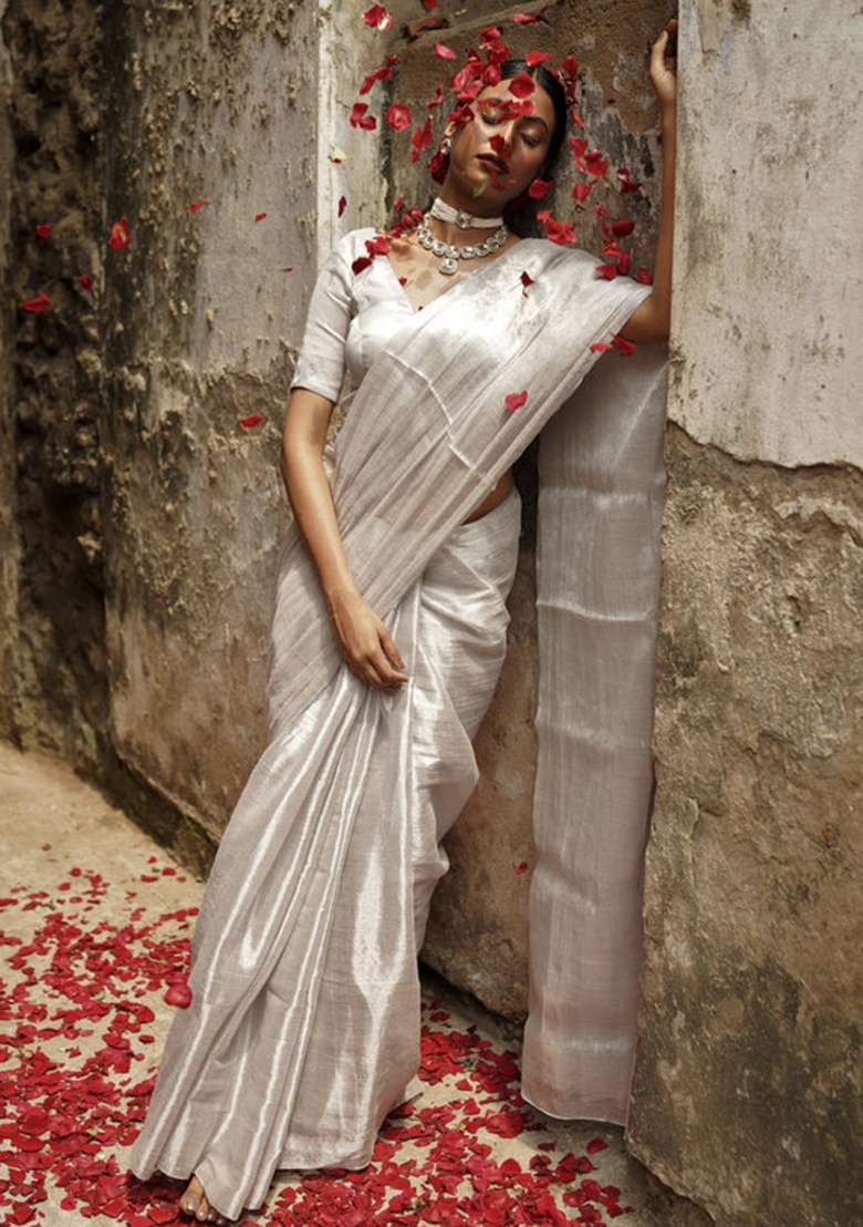 White Embroidered Tissue Saree Set - Indya