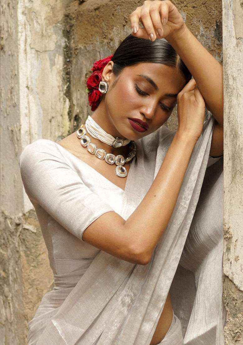 White Embroidered Tissue Saree Set - Indya