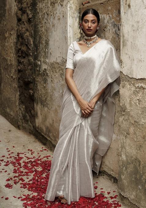 White Embroidered Tissue Saree Set