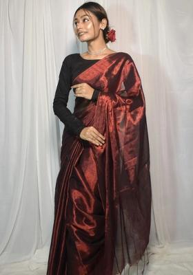 Wine Embroidered Tissue Saree Set