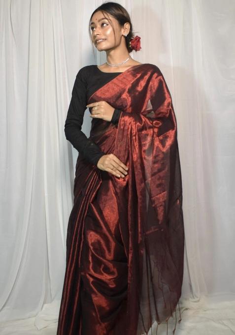 Wine Embroidered Tissue Saree Set