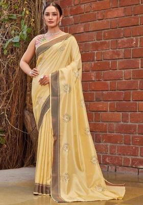 Yellow Embroidered Cotton Saree Set
