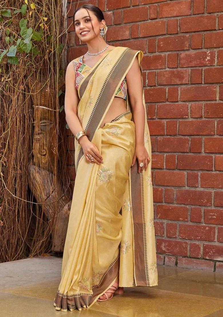 Yellow Embroidered Cotton Saree Set - Indya