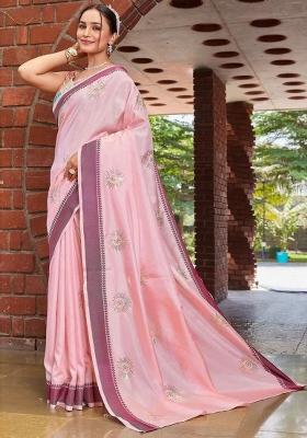 Pink Embroidered Cotton Saree Set