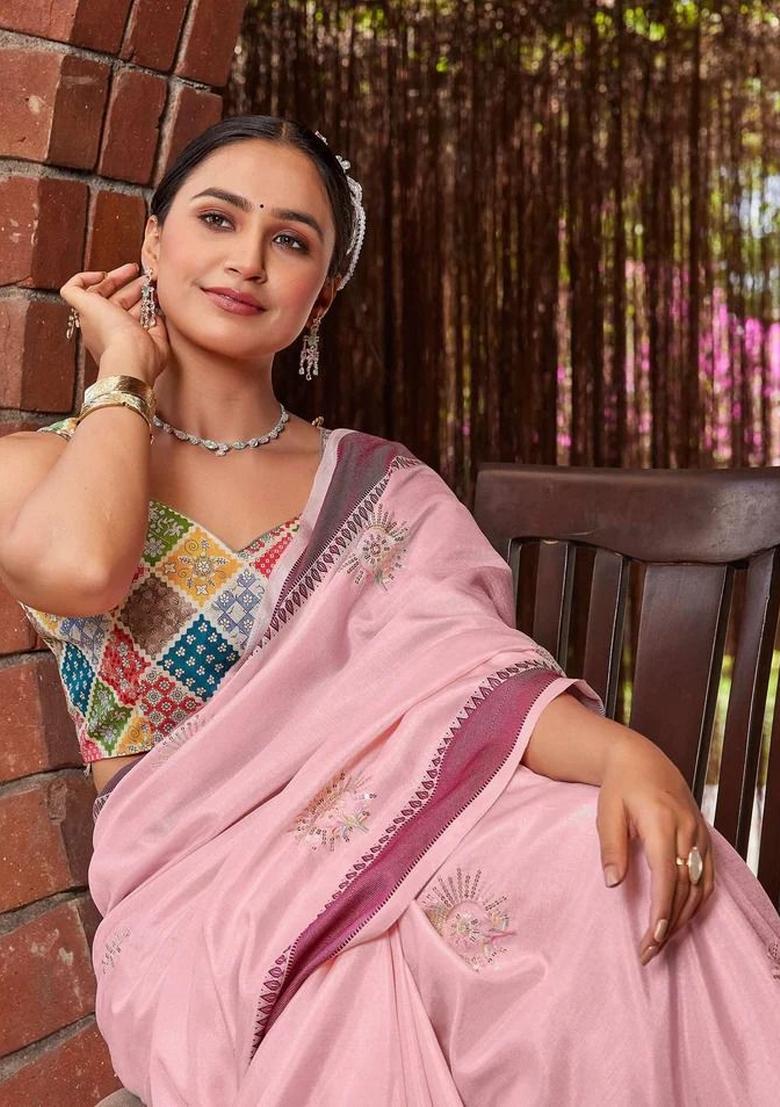 Pink Embroidered Cotton Saree Set - Indya